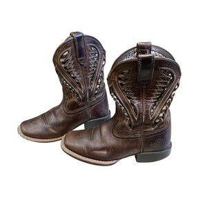 Ariat Kids Cowboy Boots Size 12 Brown Leather Western Aztec Stitch Square Toe